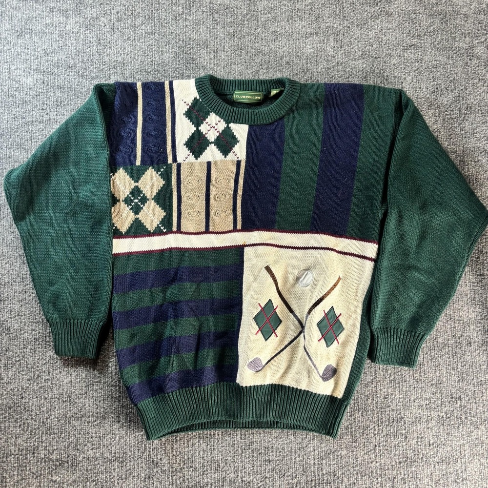 Clubfellow Sweater Mens Medium‎ Green Argyle Golf Knit Crewneck Pullover Preppy